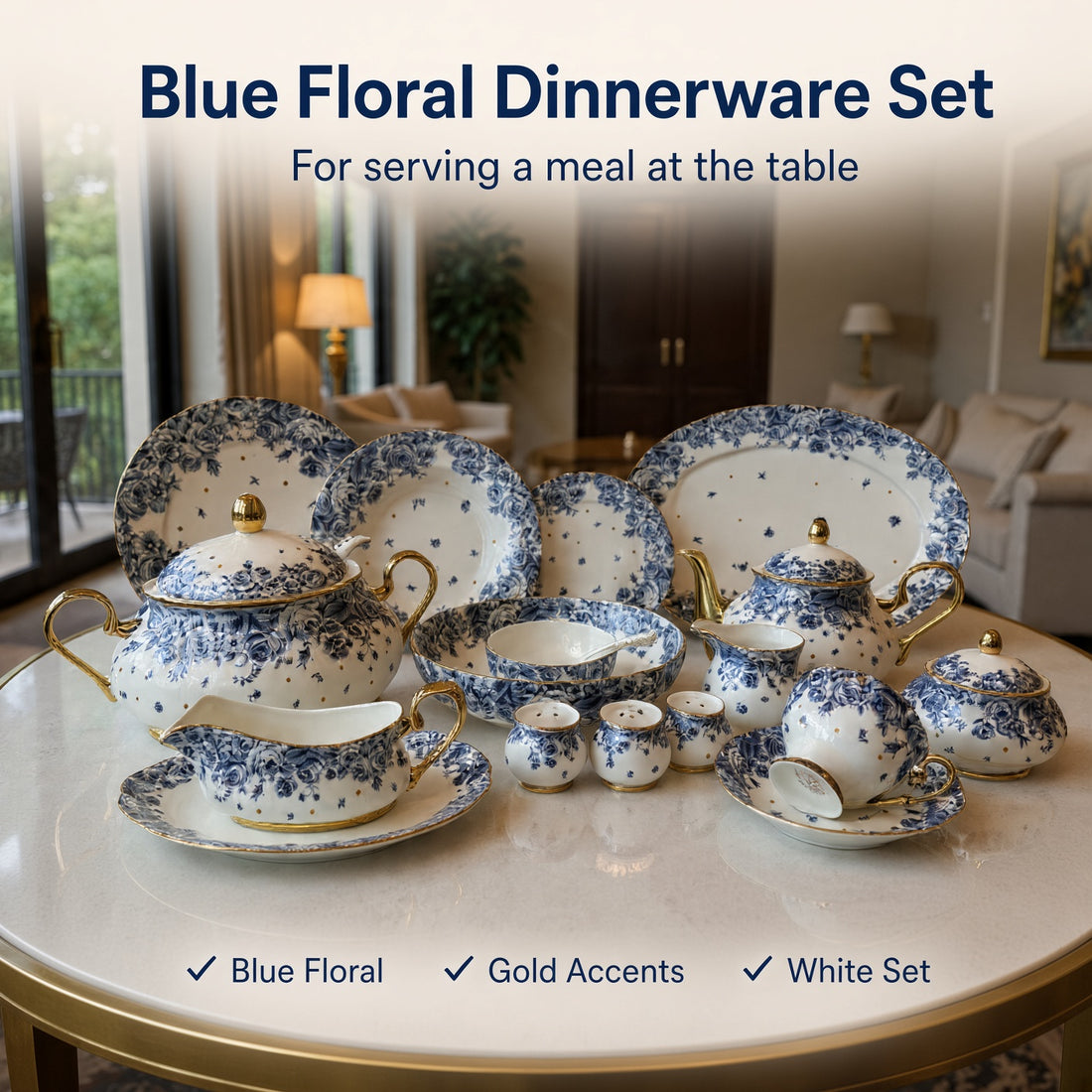Royal Albert Inspired Blue Floral Patterns & Gold Accents 75 Pieces 8 Serving Person Bone China Dinner Set