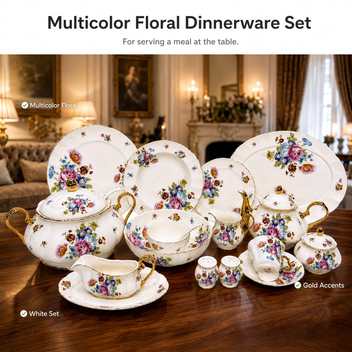 Royal Albert Inspired Multi-Coloured Floral Patterns 75 Pieces 8 Persons Serving Bone China Dinner Set