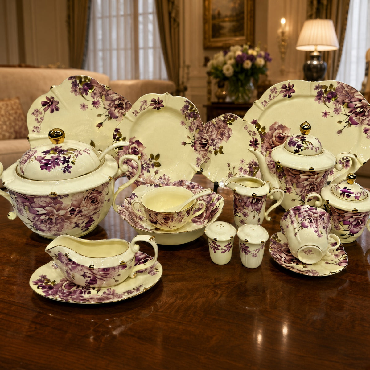 Royal Albert Inspired Purple Floral Patterns & Gold Accents 75 Pieces 8 Persons Serving Bone China Dinner Set