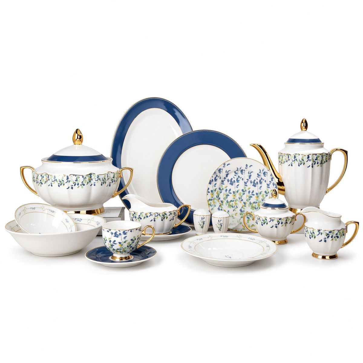 Johnson Bros Inspired Green Green & Blue Leaves Patterns Bone China Dinner Set