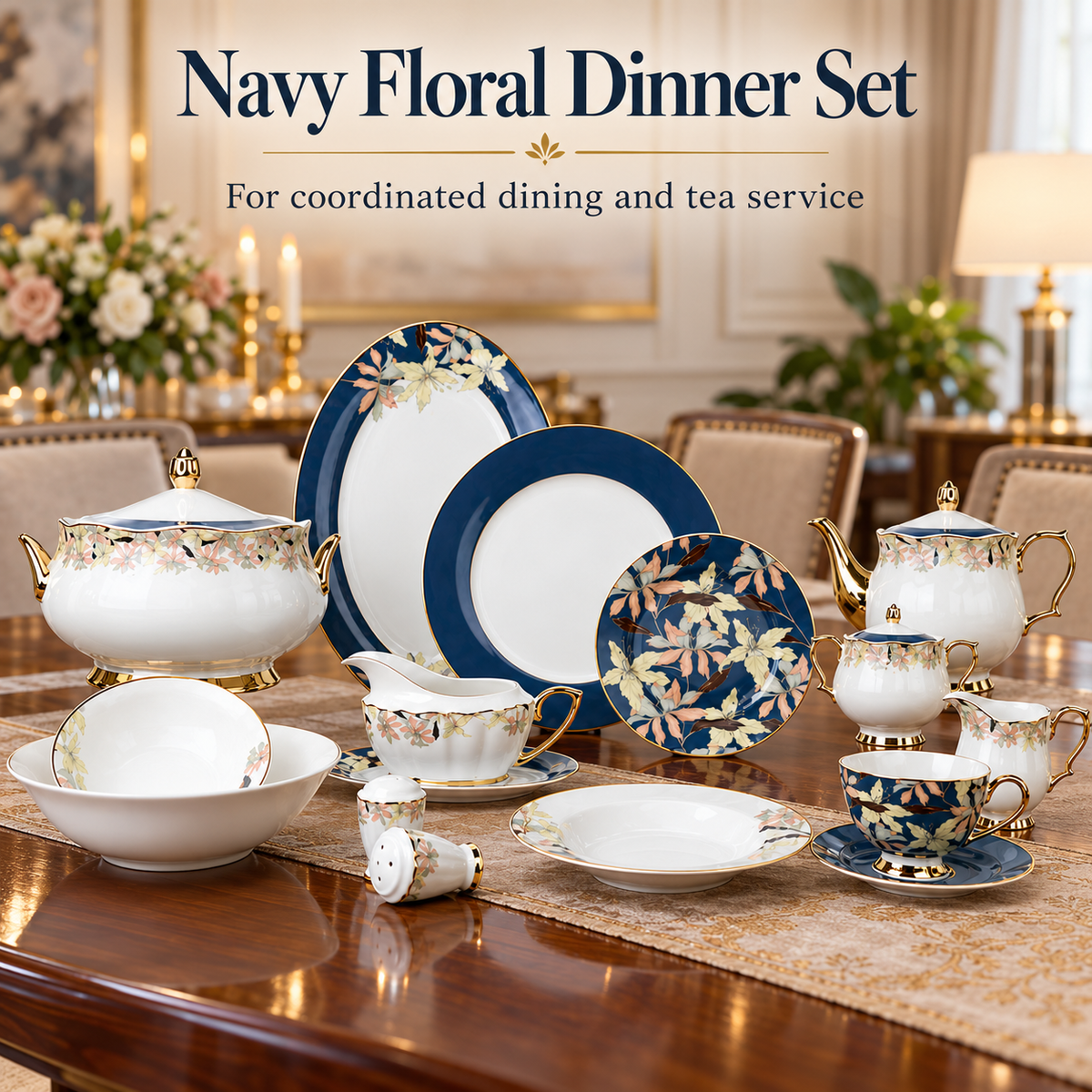 Johnson Bros Inspired Green Black Blue Spring Leaf Patterns Bone China Dinner Set