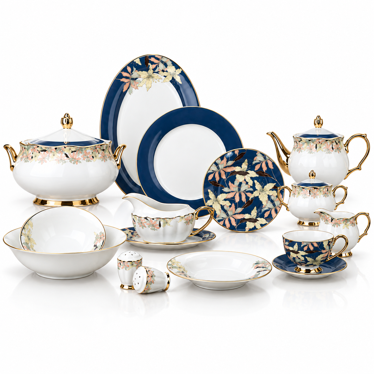 Johnson Bros Inspired Green Black Blue Spring Leaf Patterns Bone China Dinner Set