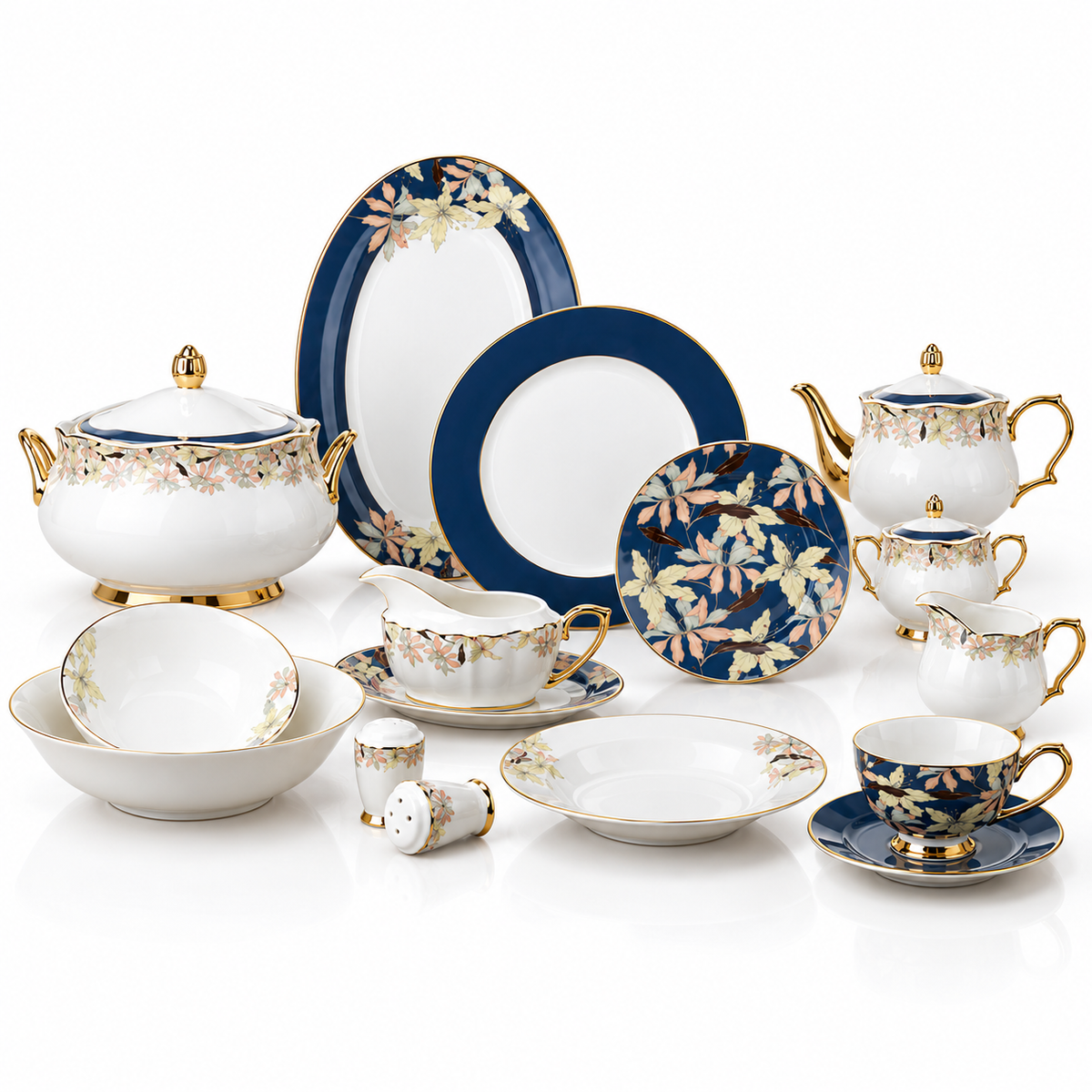 Johnson Bros Inspired Green Black Blue Spring Leaf Patterns Bone China Dinner Set