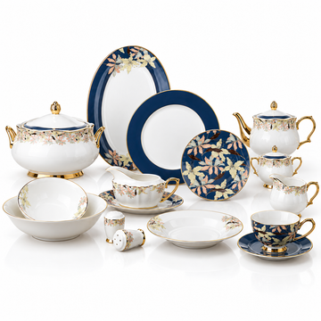 Johnson Bros Inspired Green Black Blue Spring Leaf Patterns Bone China Dinner Set