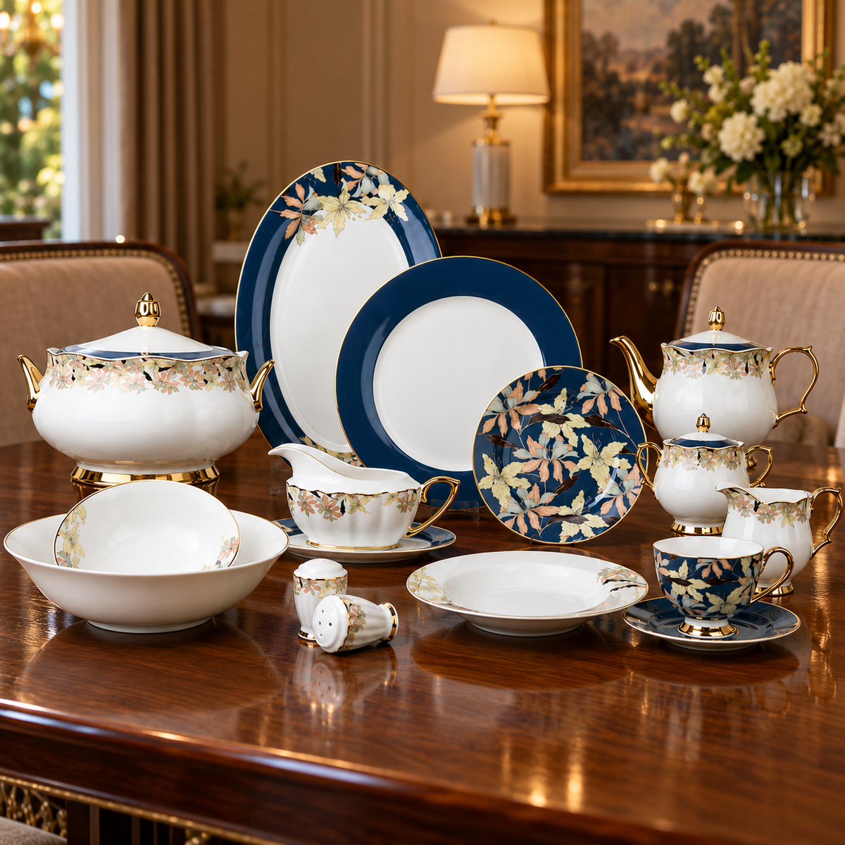 Johnson Bros Inspired Green Black Blue Spring Leaf Patterns Bone China Dinner Set