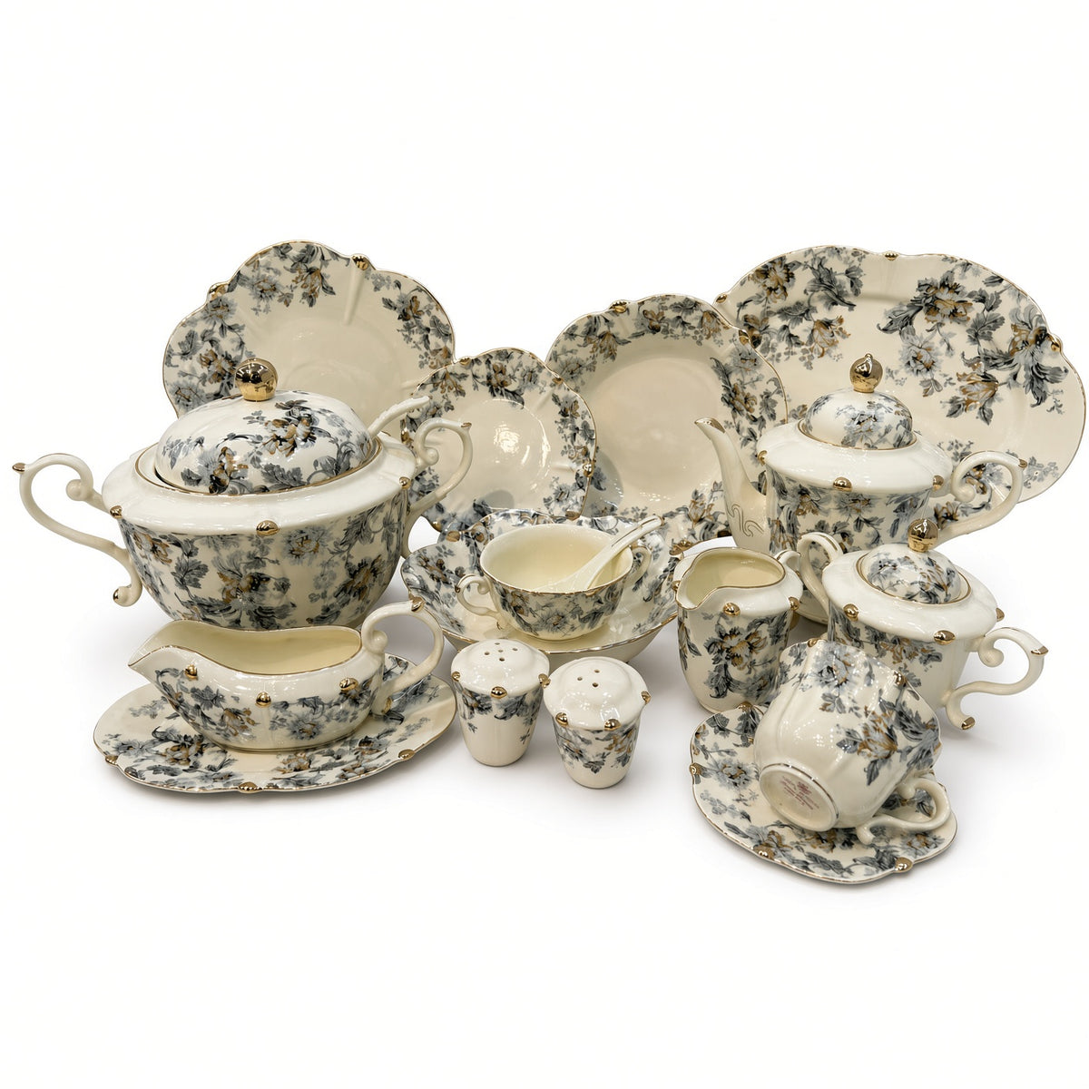 Royal Albert Inspired Blue Gold Floral Patterns 75 Pieces 8 Person Serving Dinner Set