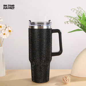SHINY RHINESTONE 40OZ INSULATED TUMBLER – STAINLESS STEEL LEAK-RESISTANT WITH HANDLE - BLACK