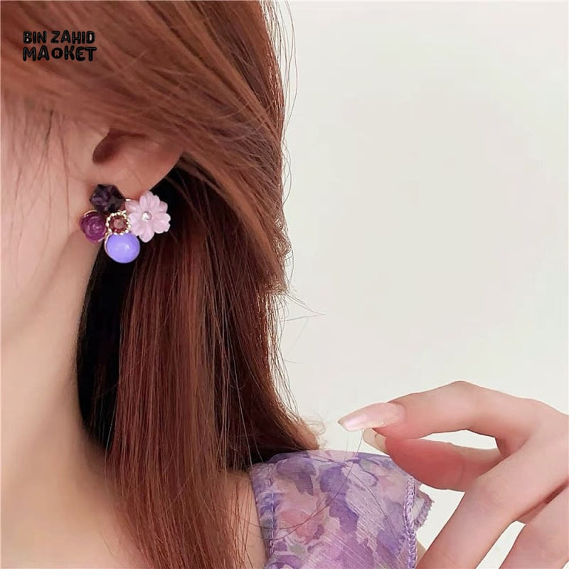 CRYSTAL FLOWER STUD EARRINGS KOREAN STYLE ELEGANT WOMEN'S JEWELRY