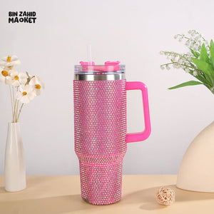 SHINY RHINESTONE 40OZ INSULATED TUMBLER – STAINLESS STEEL LEAK-RESISTANT WITH HANDLE - DARK PINK