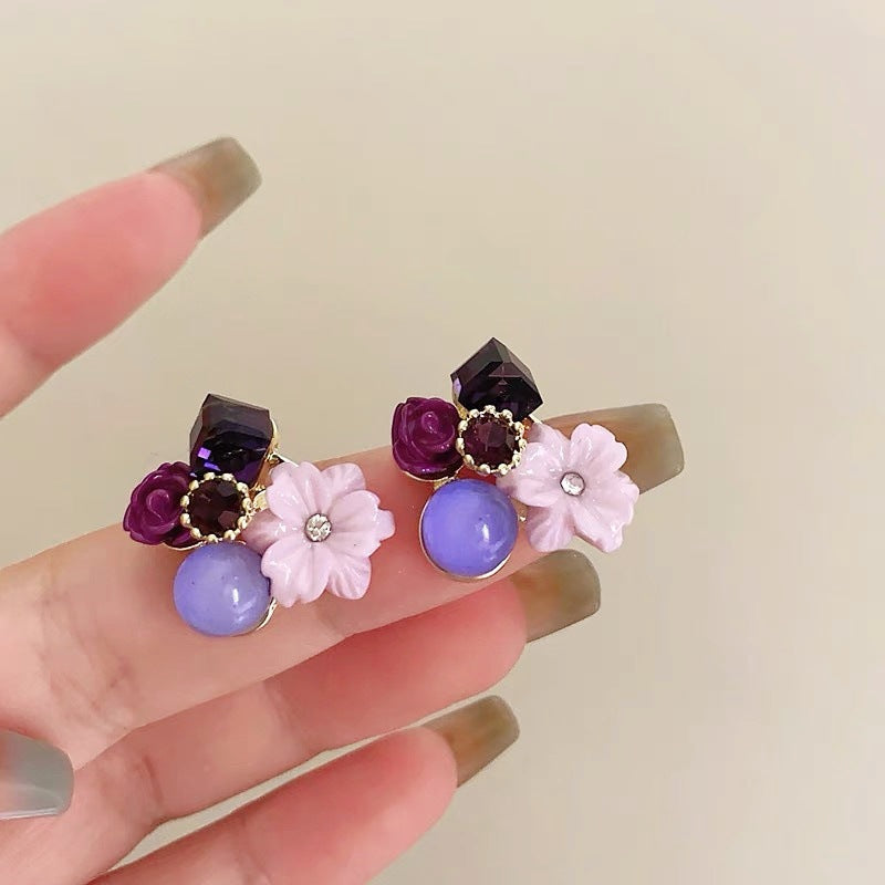 CRYSTAL FLOWER STUD EARRINGS KOREAN STYLE ELEGANT WOMEN'S JEWELRY