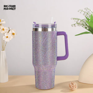 SHINY RHINESTONE 40OZ INSULATED TUMBLER – STAINLESS STEEL LEAK-RESISTANT WITH HANDLE - PURPLE
