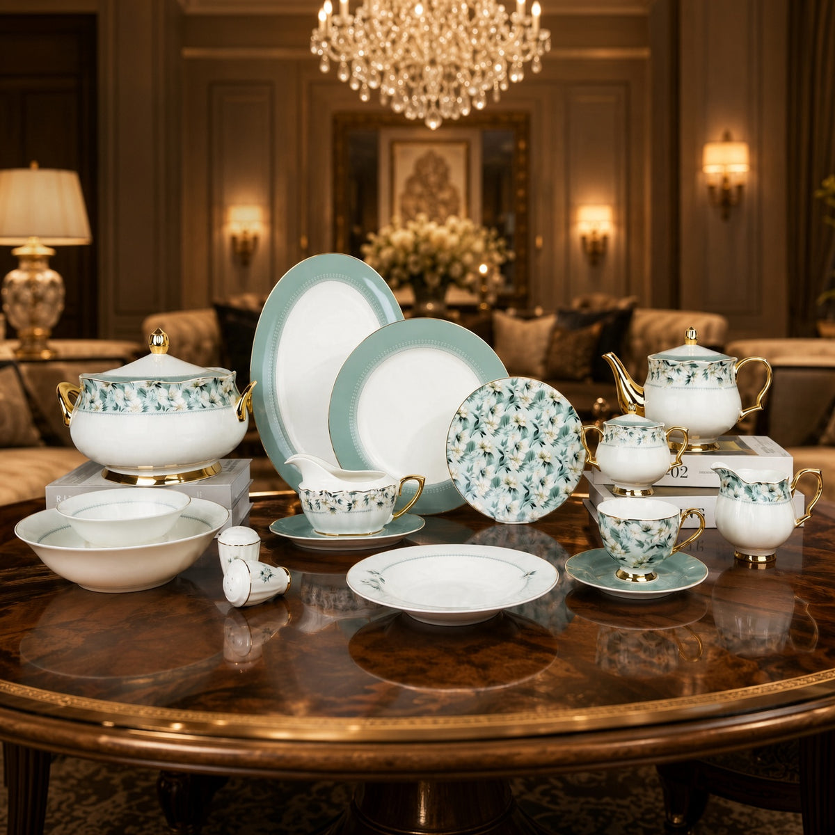 Johnson Bros Inspired Green Floral Patterns & Gold Trims Bone China Dinner Set