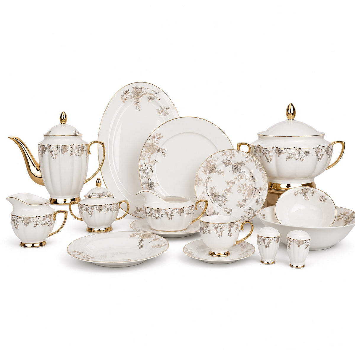 Johnson Bros Inspired Delicate Beige Gold Floral Patterns Bone China Dinner Set