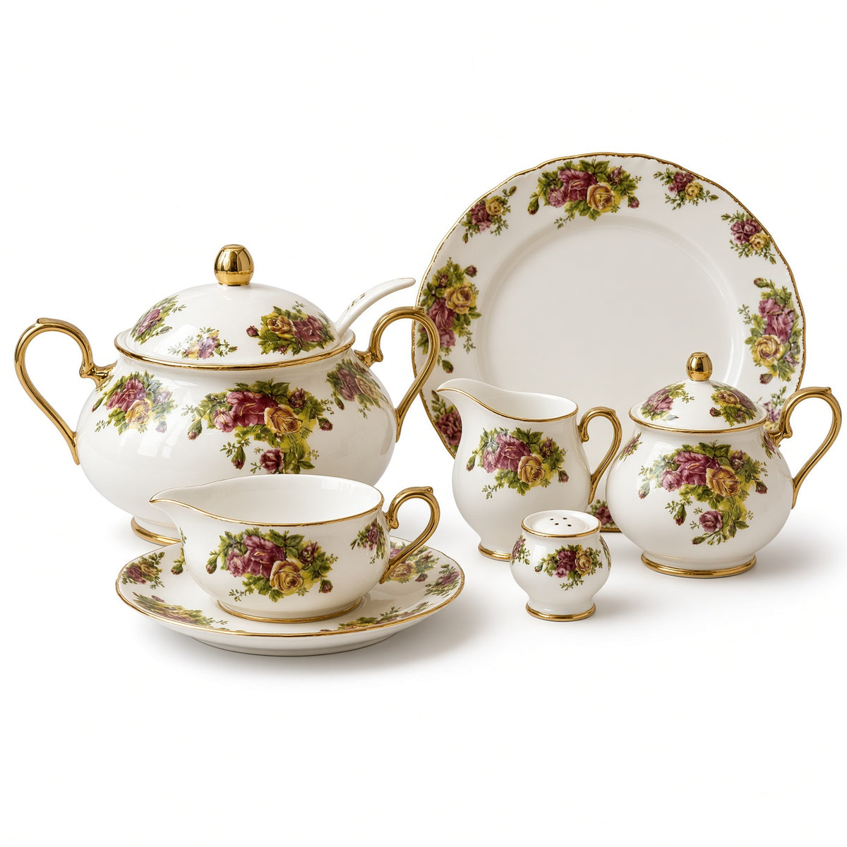 Royal Albert Inspired Blue Floral Patterns Gold Accents 75 Pieces 8 Persons Serving Bone China Dinner Set