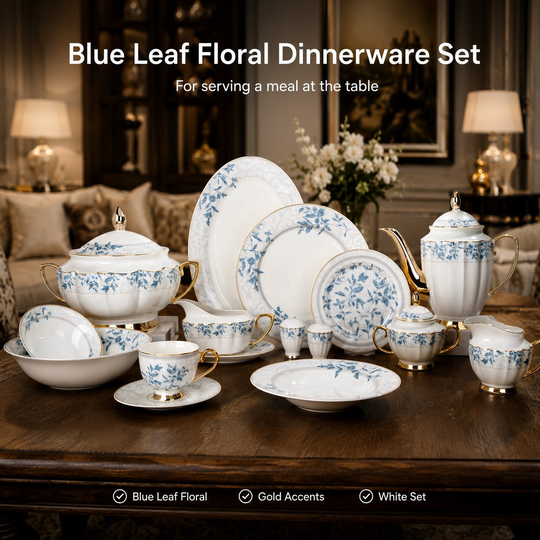 Johnson Bros Inspired Blue Leaf Floral Patterns Bone China Dinner Set
