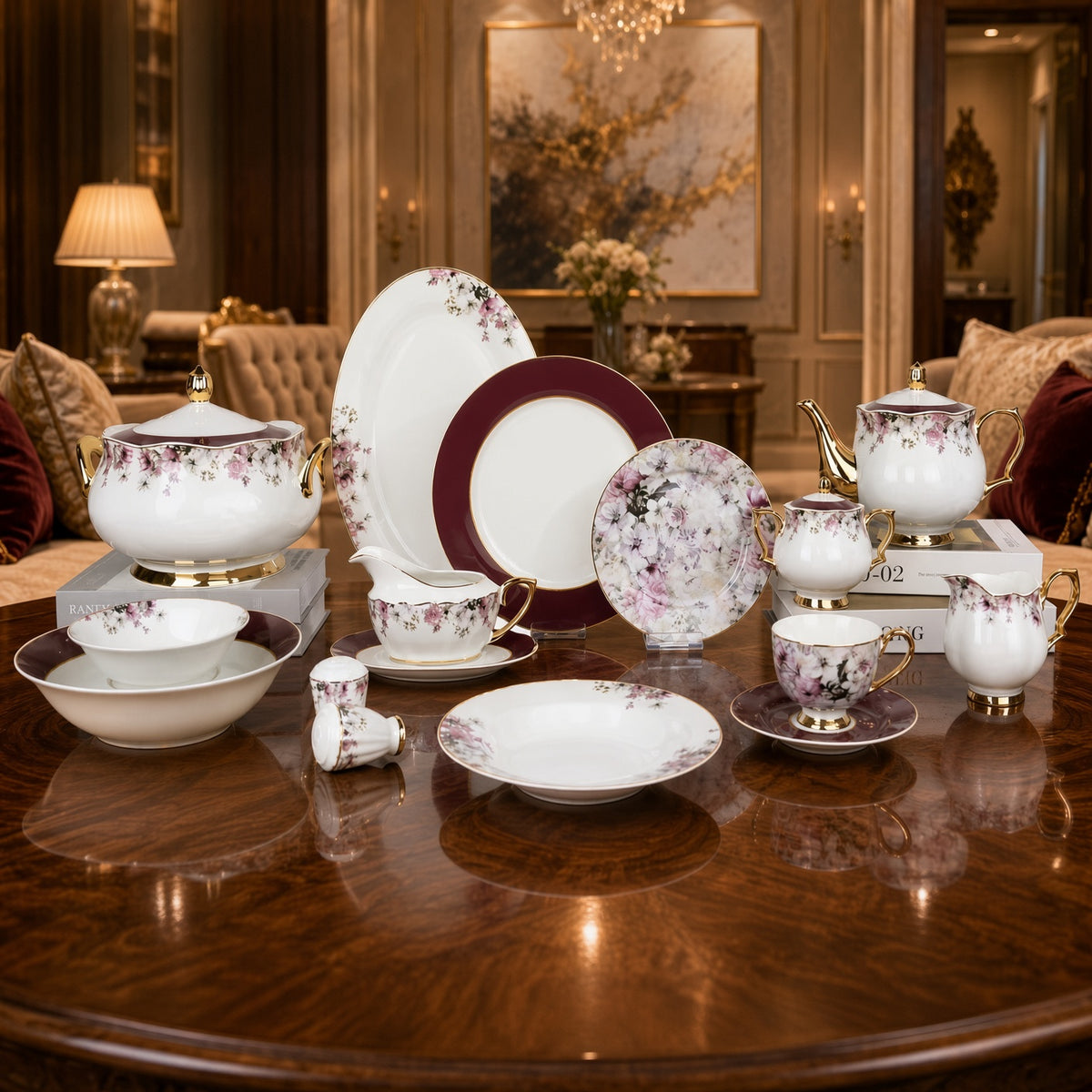 Johnson Bros Inspired Purple Floral Patterns Maroon Borders & Gold Trims Bone China Dinner Set
