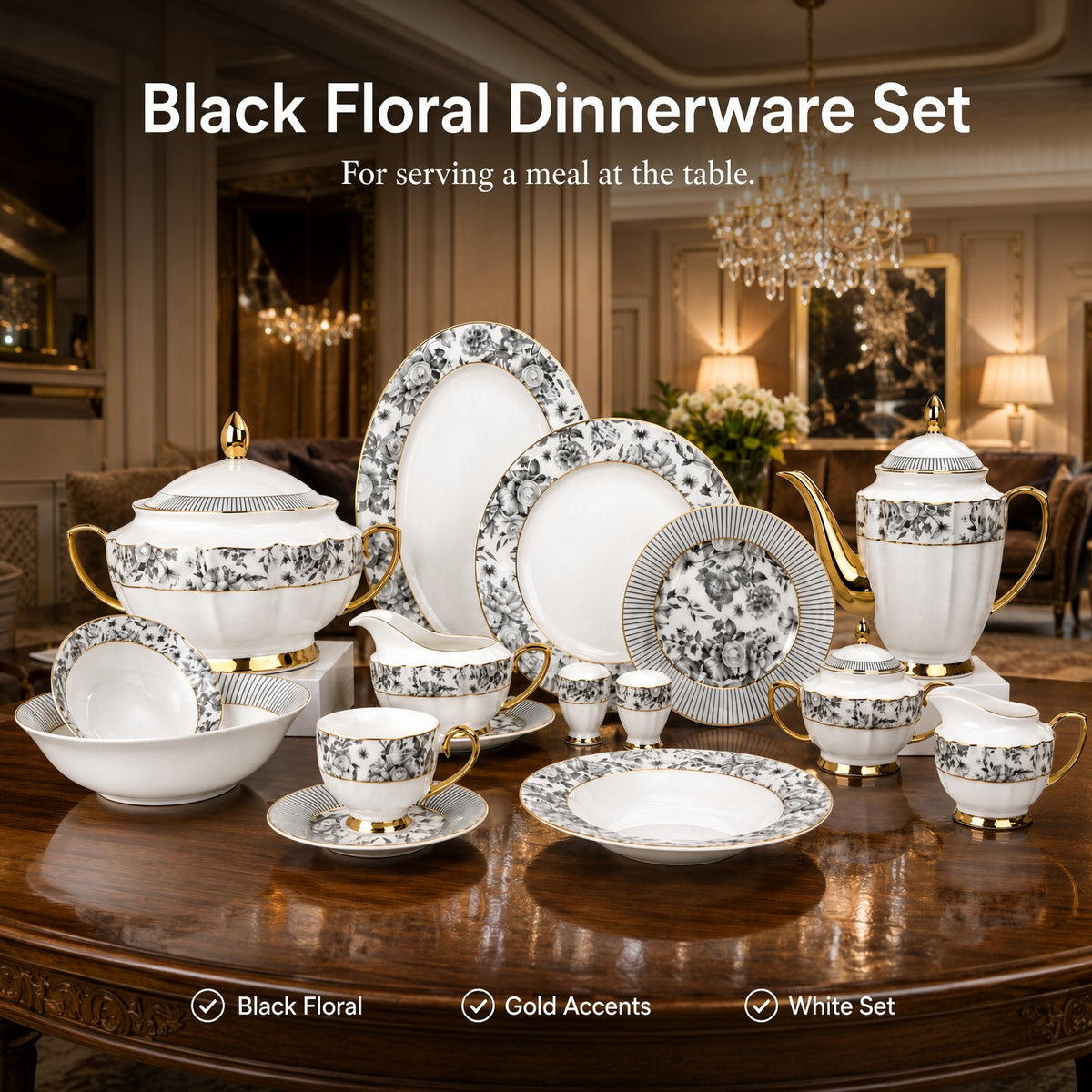 Johnson Bros Inspired Black Florral Patterns Bone China Dinner Set