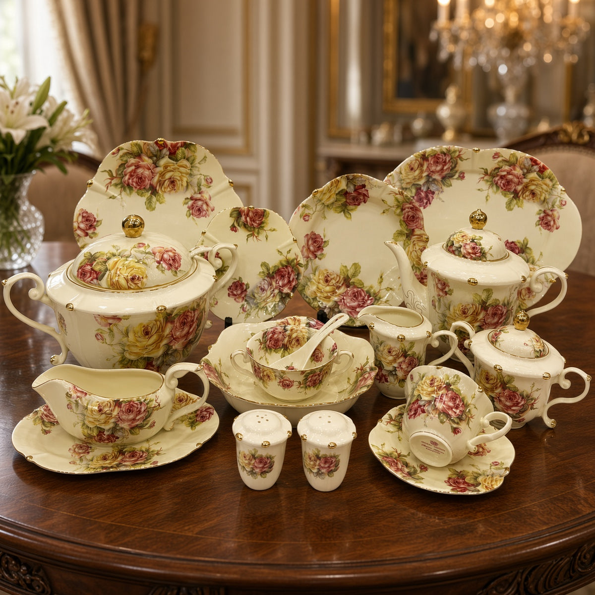 Royal Albert Inspired Pink Yellow Rose Floral Patterns 75 Pieces 8 Person Serving Dinner Set