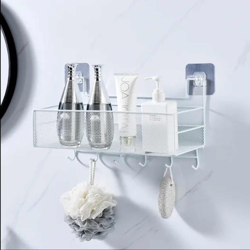 WALL SHELF WITH HOOKS - MESHED WALL SHELF White