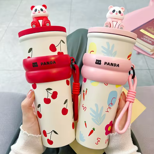 CARTOON PANDA THERMOS – STAINLESS STEEL VACUUM FLASK WITH LIFTING ROPE DIRECT DRINKING CUP & GIFT FOR STUDENTS