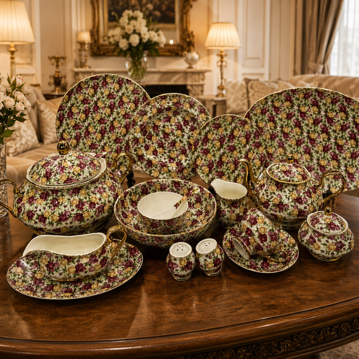 Royal Albert Inspired Rose Floral Patterns 75 Pieces 8 Persons Serving Bone China Dinner Set