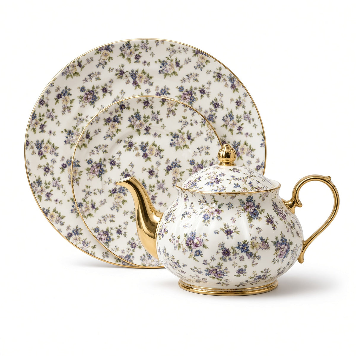 Royal Albert Inspired Purple Floral Patterns With Gold Accents 75 Pieces 8 Persons Serving Bone China Dinner Set