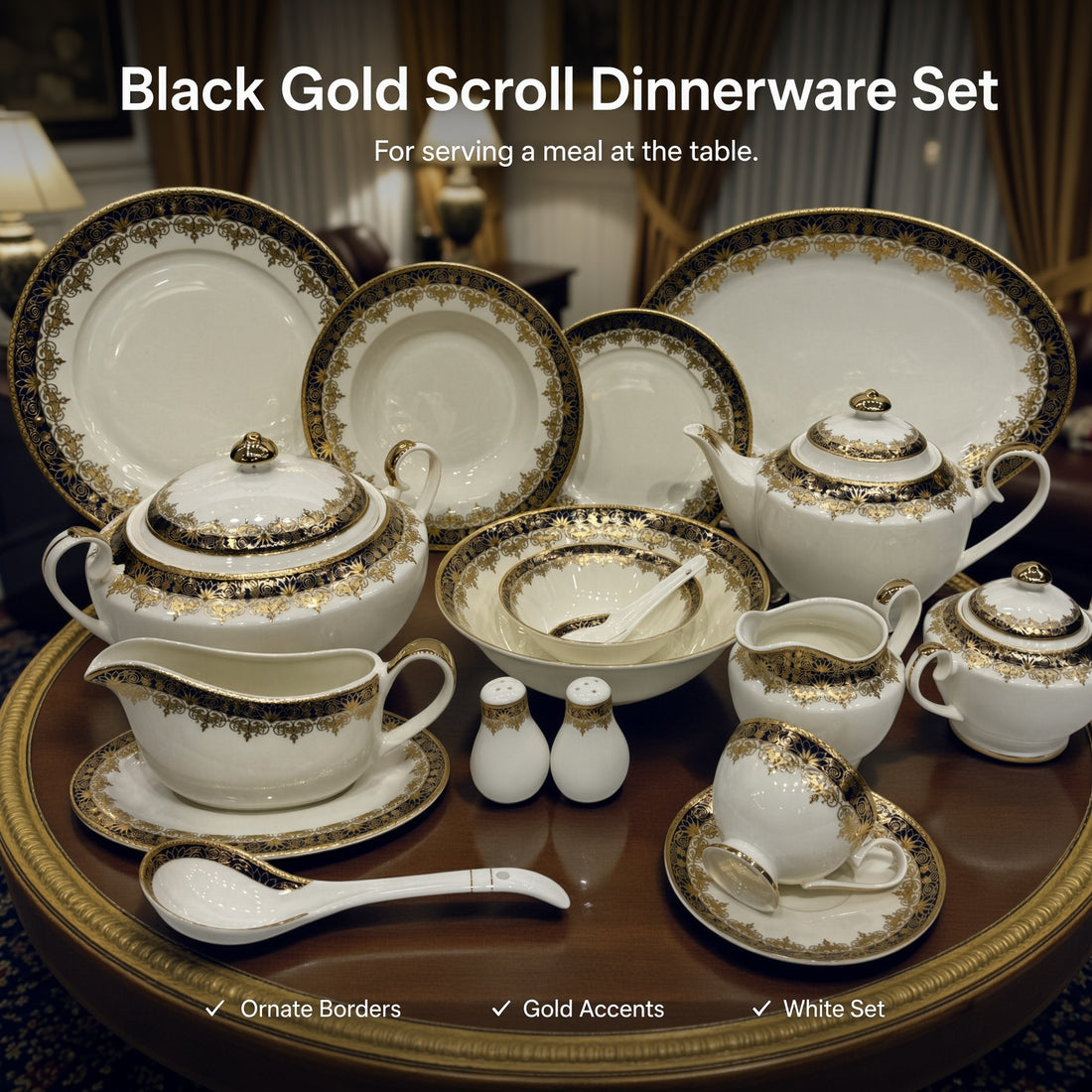 Yamasen Japan Inspired Ornate Black Scroll Gold Plated Porcelain Dinner Set