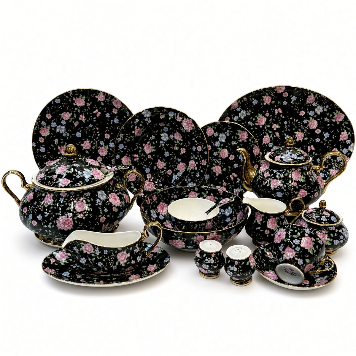 Royal Albert Inspired Black Pieces With Pink and Blue Floral Print 75 Pieces 8 Persons Serving Bone China Dinner Set
