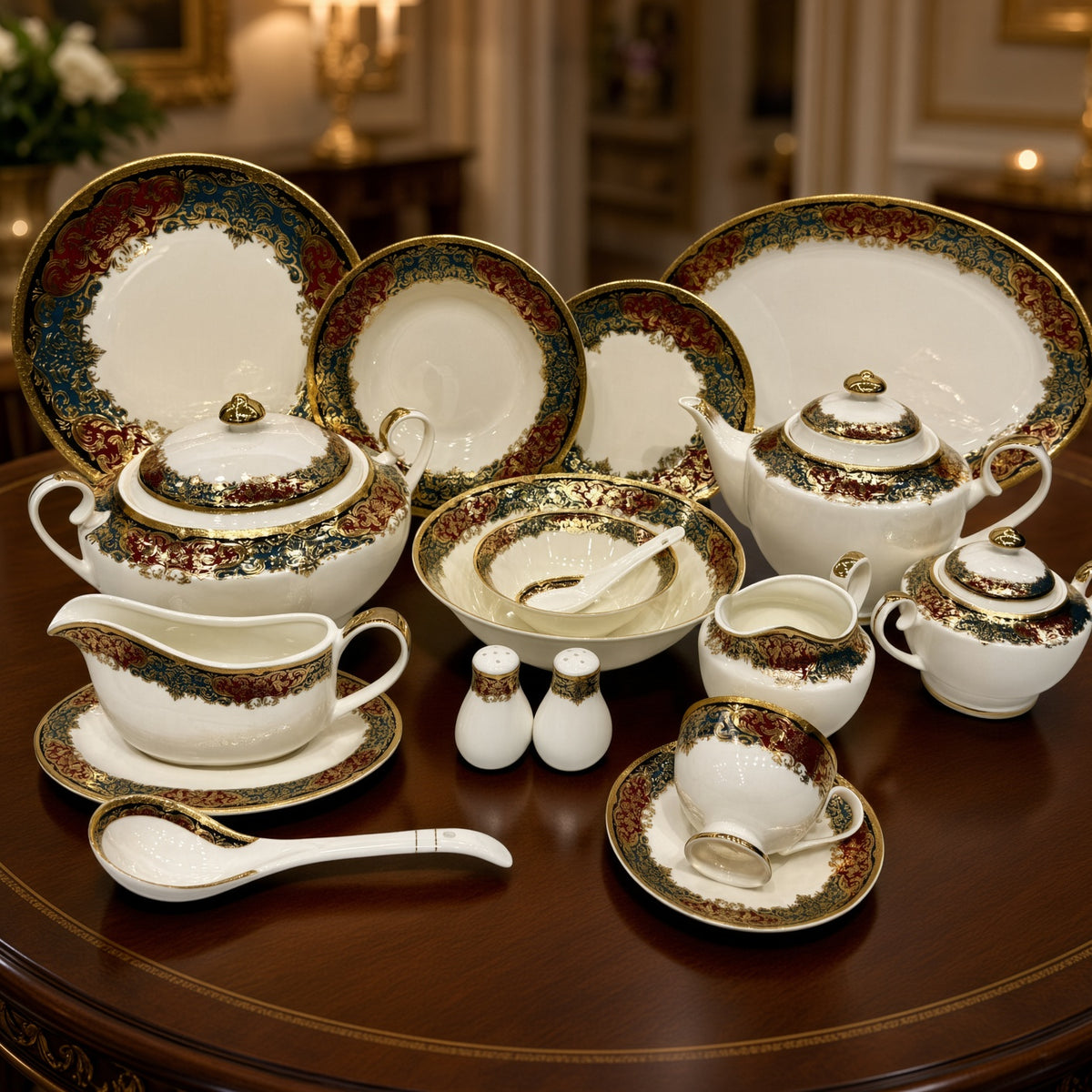 Yamasen Japan Inspired Ornate Red Gold Plated Porcelain Dinner Set