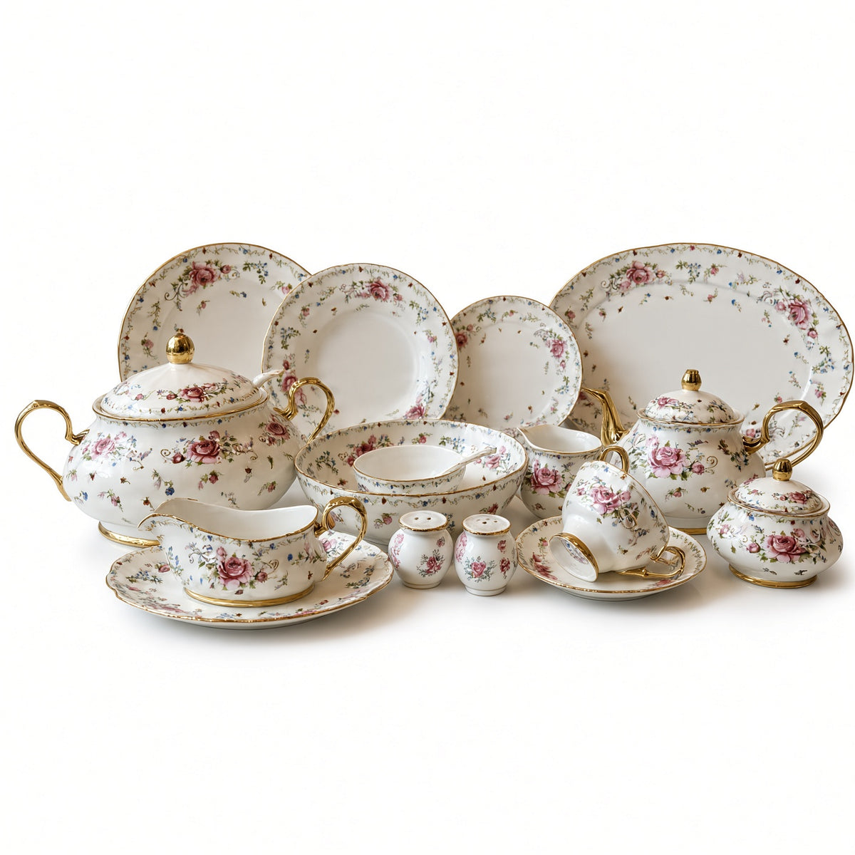 Royal Albert Inspired Pinky Rose Bone China Dinner Set – 75 Pieces, 8 Persons