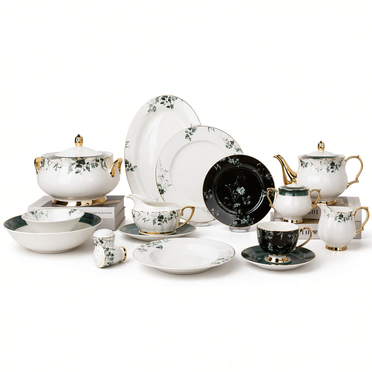 Johnson Bros Inspired Green Black Floral Patterns & Gold Trims Bone China Dinner Set