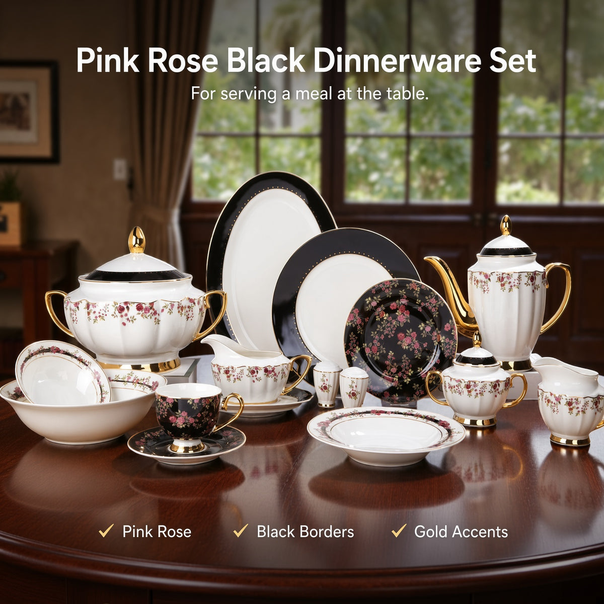 Johnson Bros Inspired Pink Rose Black Floral Patterns Bone China Dinner Set