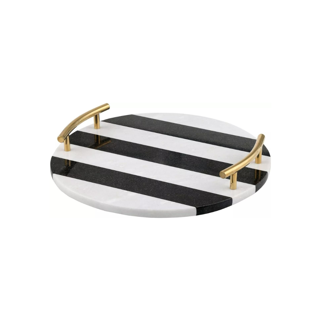 MODERN B&W MARBLE GRANITE TRAY WITH GOLD HANDLE