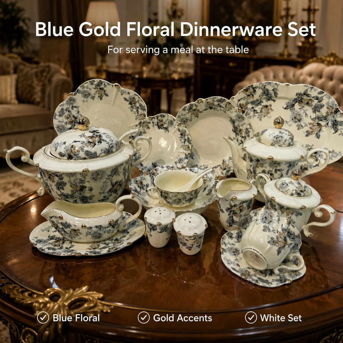 Royal Albert Inspired Blue Gold Floral Patterns 75 Pieces 8 Person Serving Dinner Set