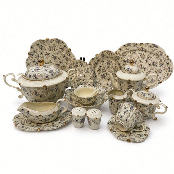 Royal Albert Inspired Small Purple & Green Floral Patterns 75 Pieces 8 Persons Serving Bone China Dinner Set