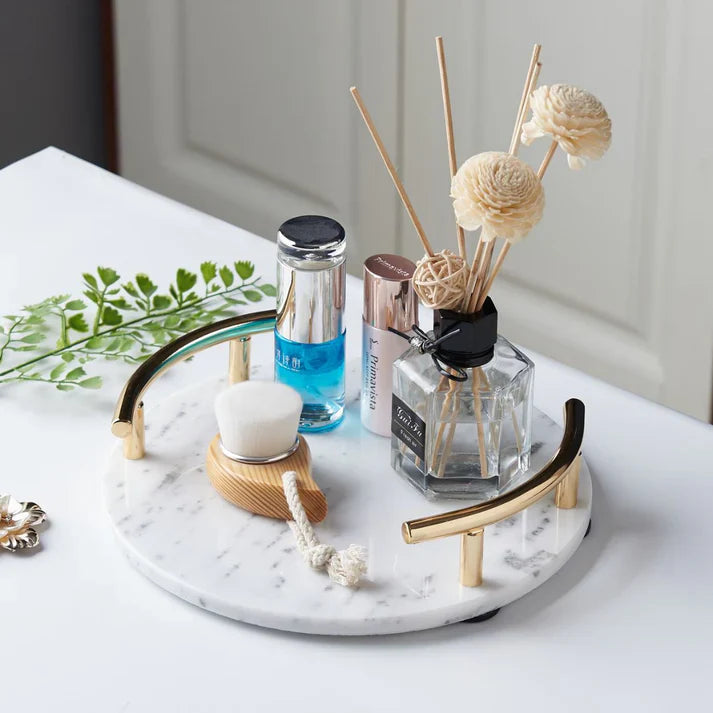 MODERN WHITE MARBLE TRAY WITH GOLD HANDLE