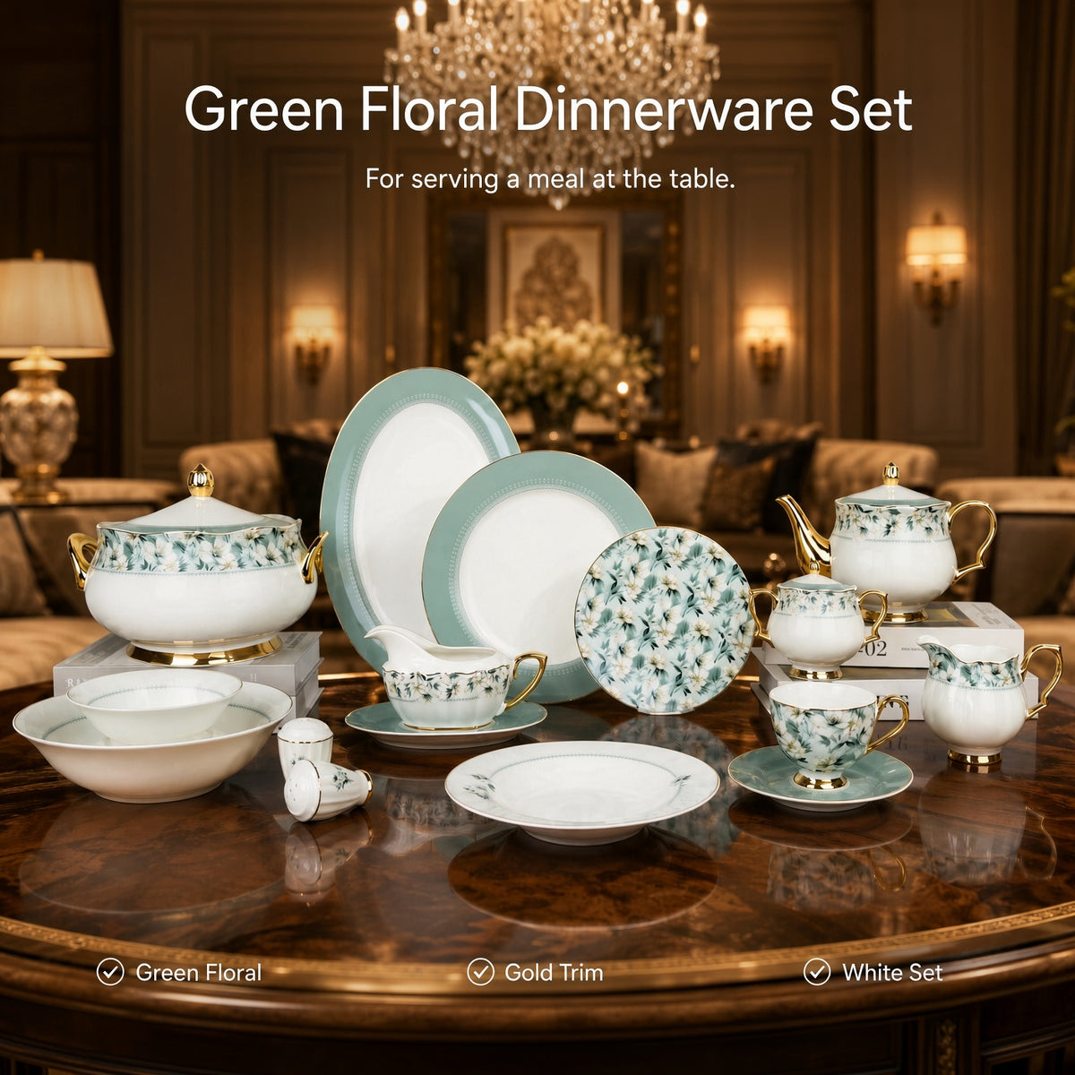 Johnson Bros Inspired Green Floral Patterns & Gold Trims Bone China Dinner Set