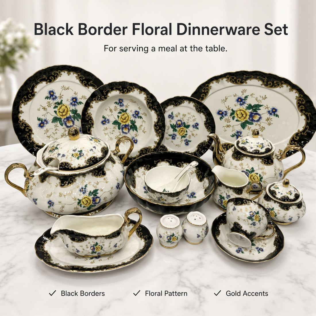 Royal Albert Inspired Black Border Floral Patterns 75 Pieces 8 Persons Serving Bone China Dinner Set