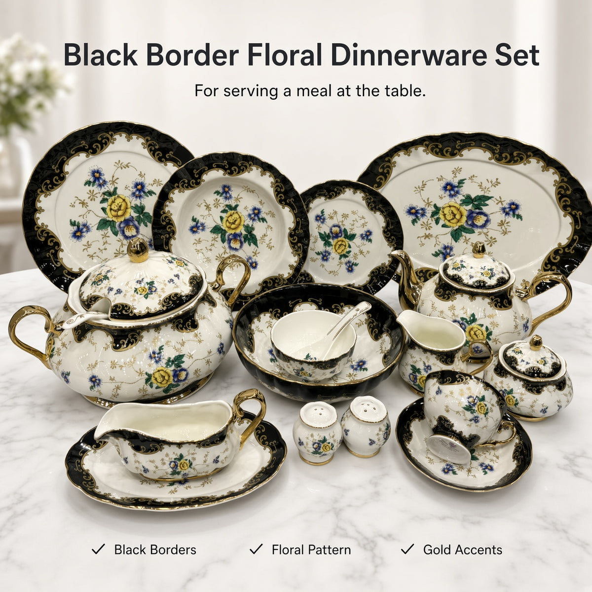 Royal Albert Inspired Black Border Floral Patterns 75 Pieces 8 Persons Serving Bone China Dinner Set