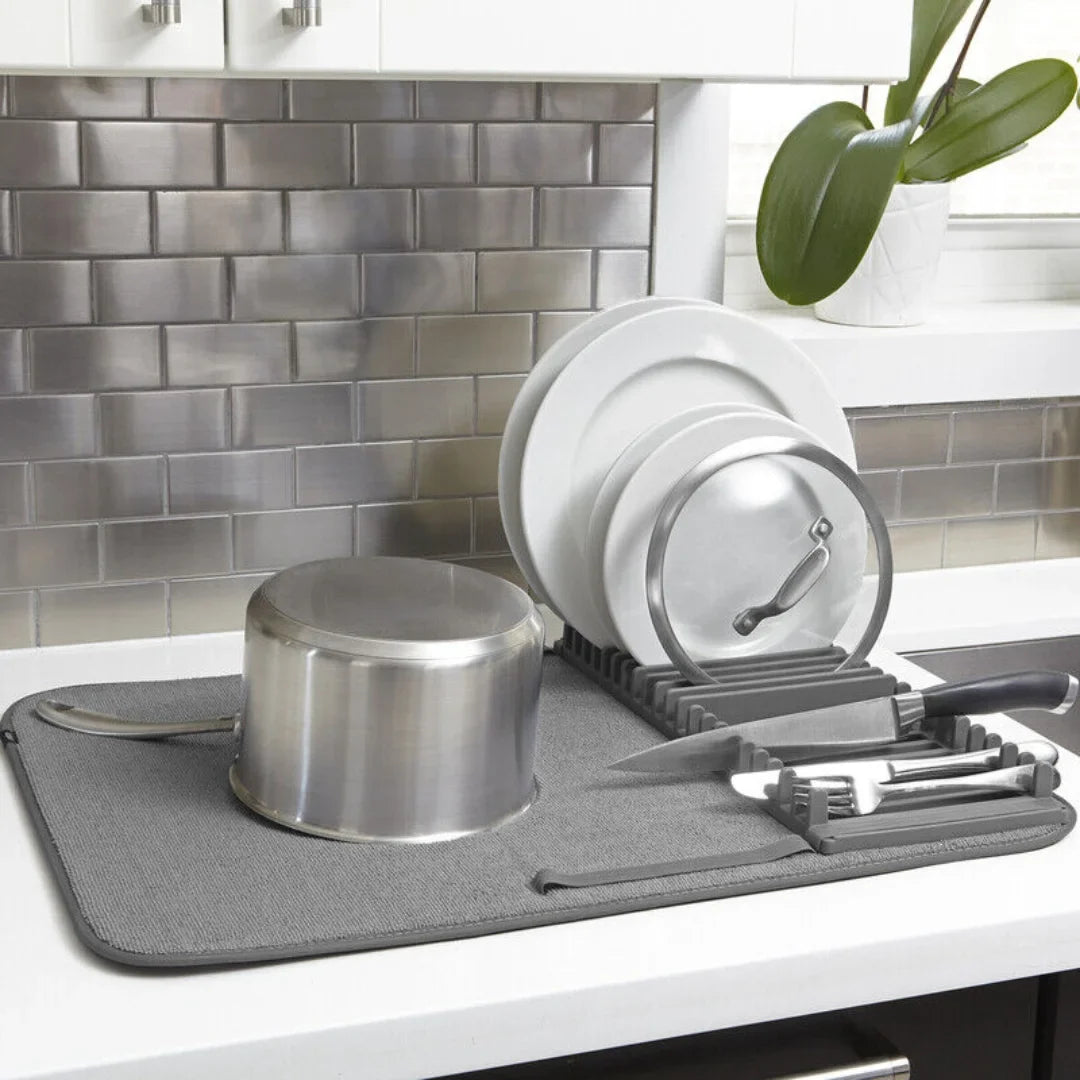 MODERN DISH DRYING RACK WITH MICROFIBRE MAT