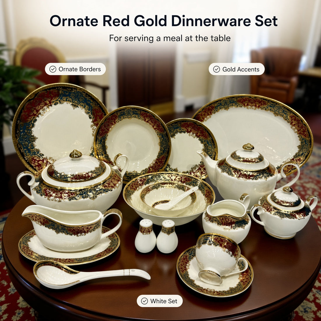 Yamasen Japan Inspired Ornate Red Gold Plated Porcelain Dinner Set