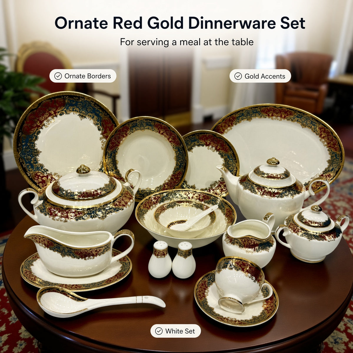 Yamasen Japan Inspired Ornate Red Gold Plated Porcelain Dinner Set