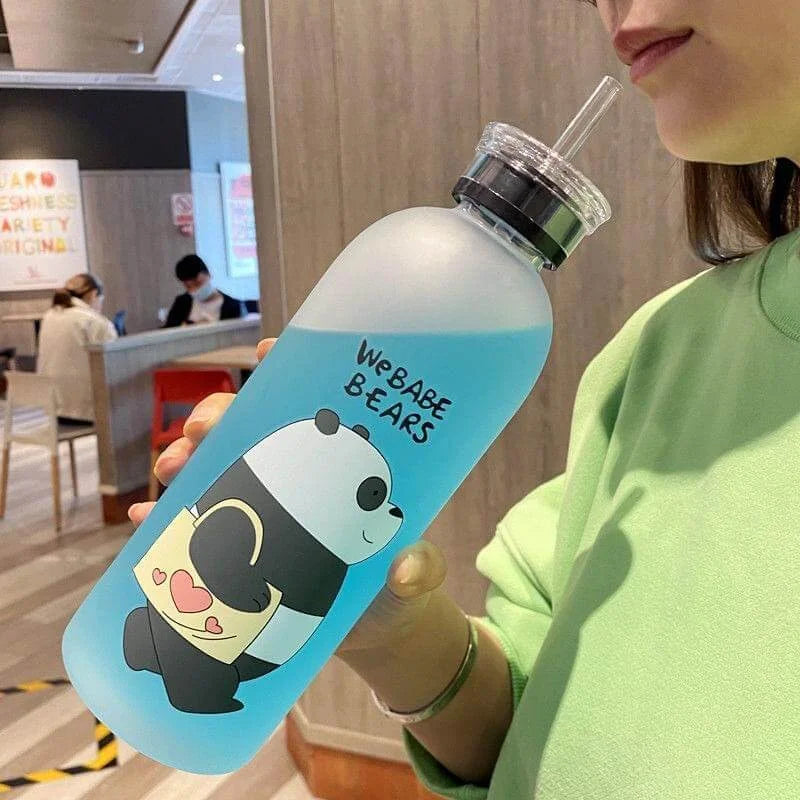 2IN1 DRINKING "WE BABE BEARS" FROSTED WATER BOTTLE WITH 2 CAPS & STRAW 1000ML