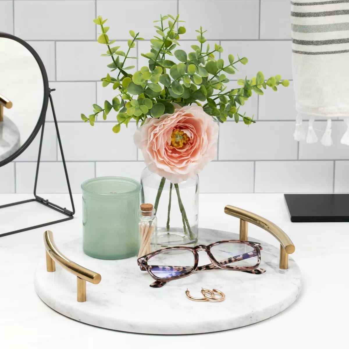 MODERN WHITE MARBLE TRAY WITH GOLD HANDLE