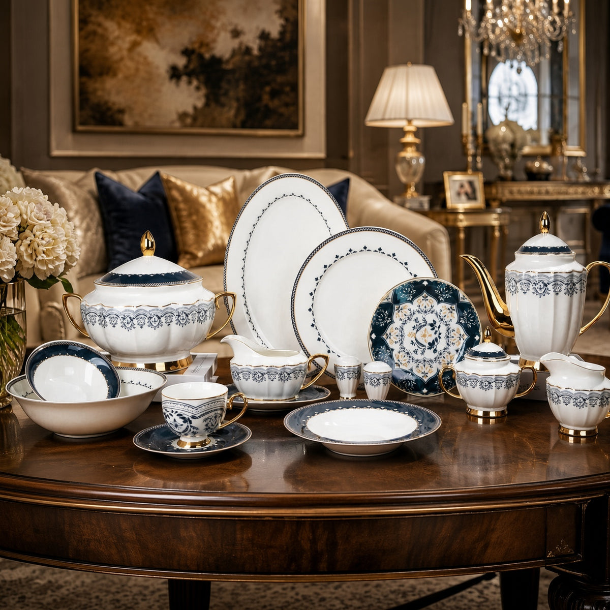 Johnson Bros Inspired Navy Gold Patterns Bone China Dinner Set