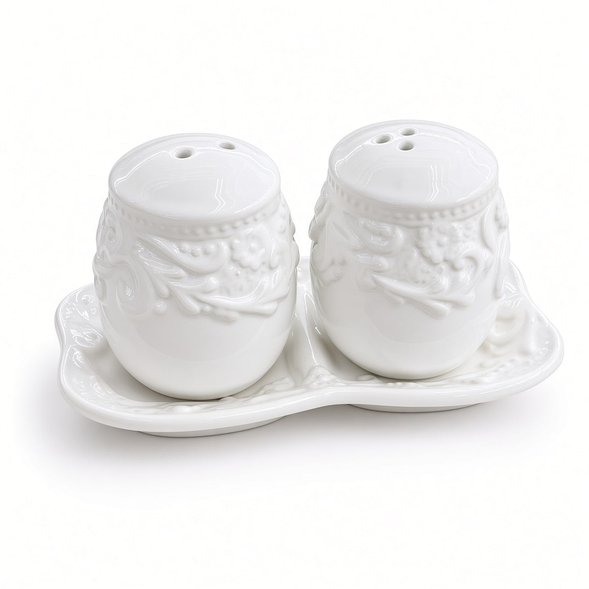 Kitchlux Ceramic Salt and Pepper Shakers - White Embossed