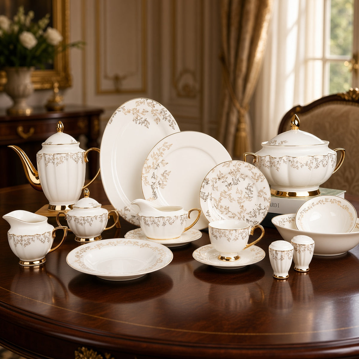 Johnson Bros Inspired Delicate Gold Vine Floral Patterns Bone China Dinner Set