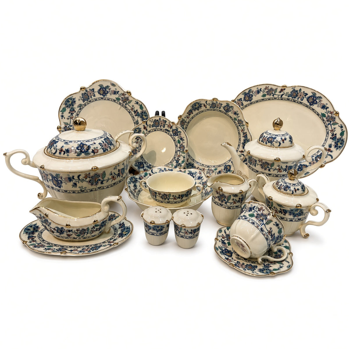 Royal Albert Inspired Blue Multicolour Floral Gold Bone China Dinner Set – 75 Pieces, 8 Persons