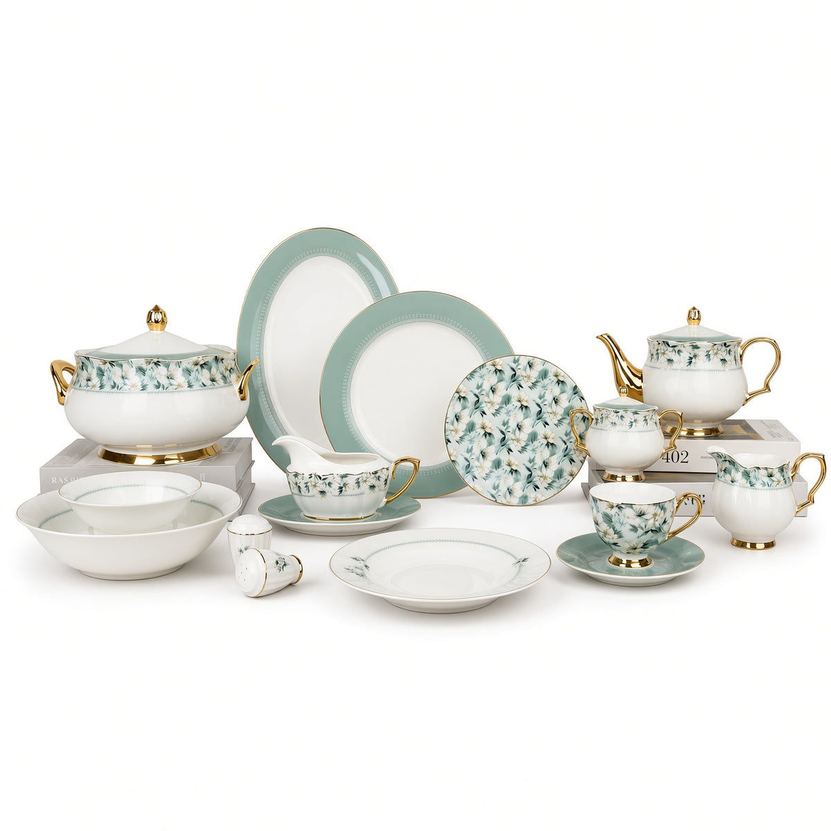 Johnson Bros Inspired Green Floral Patterns & Gold Trims Bone China Dinner Set