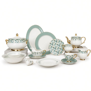 Johnson Bros Inspired Green Floral Patterns & Gold Trims Bone China Dinner Set